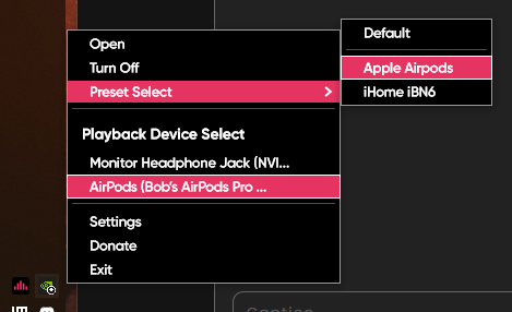 Tray Icon right clickk preset menu.